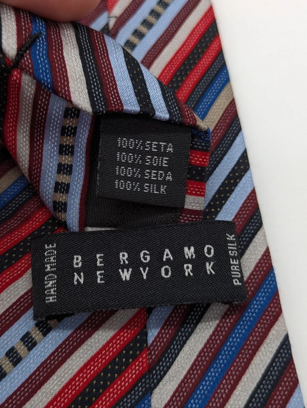 Bergamo New York Red Cream Blue Striped Silk Men's Neck Tie